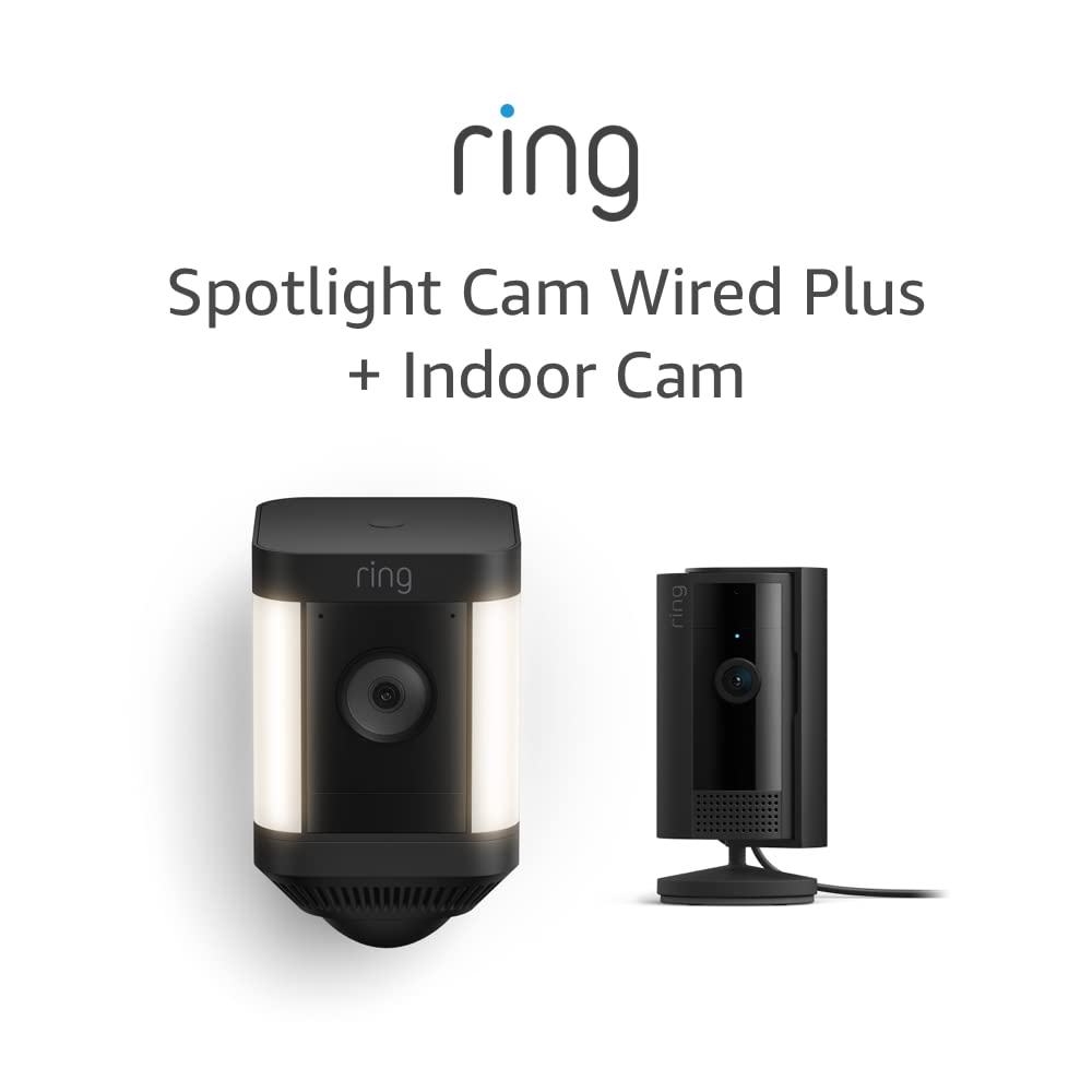 Ring Spotlight Cam Plus Battery, Black with All-new Ring Indoor Cam, Black Device Only Black