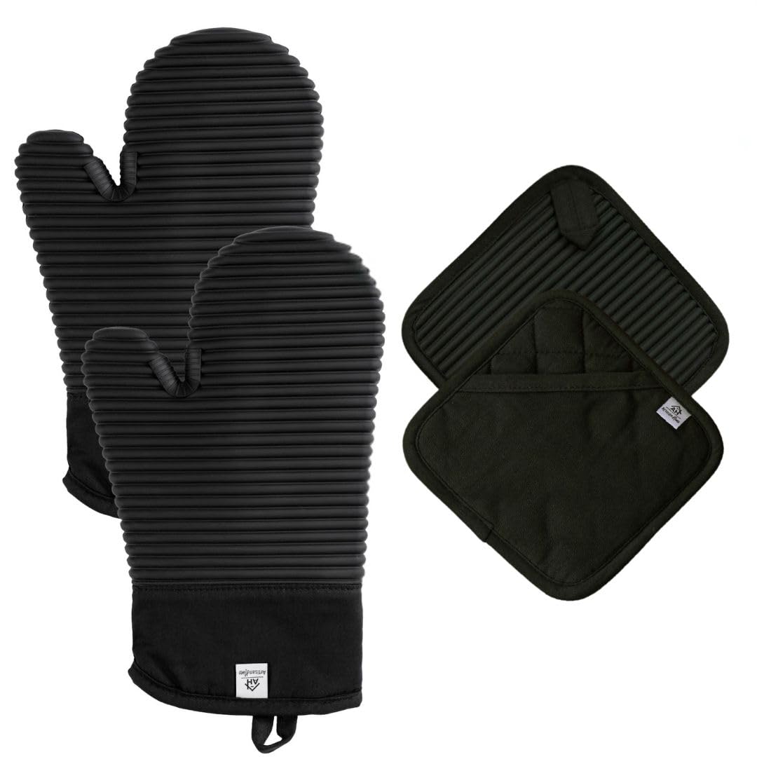 Extra Long Silicone Oven Mitts and Pot Holders 4-Piece Set, Heat Resistant 480°F