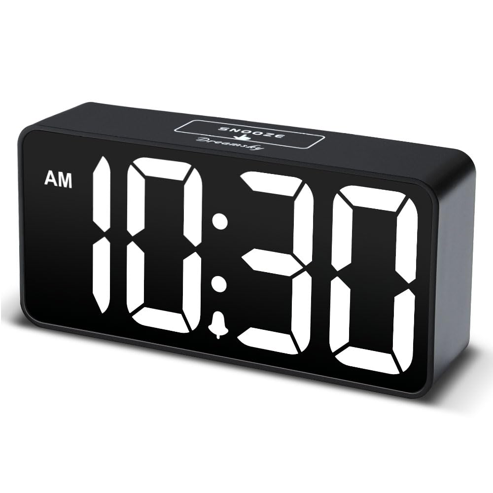 DreamSky Small Digital Alarm Clock for Bederoom, Large Big Numbers Display with Dimmer for Living Room, Electric Bedside Desk Clock with USB Charging Port, Adjustable Volume, USB-C Adapter Powered White (Plug In)
