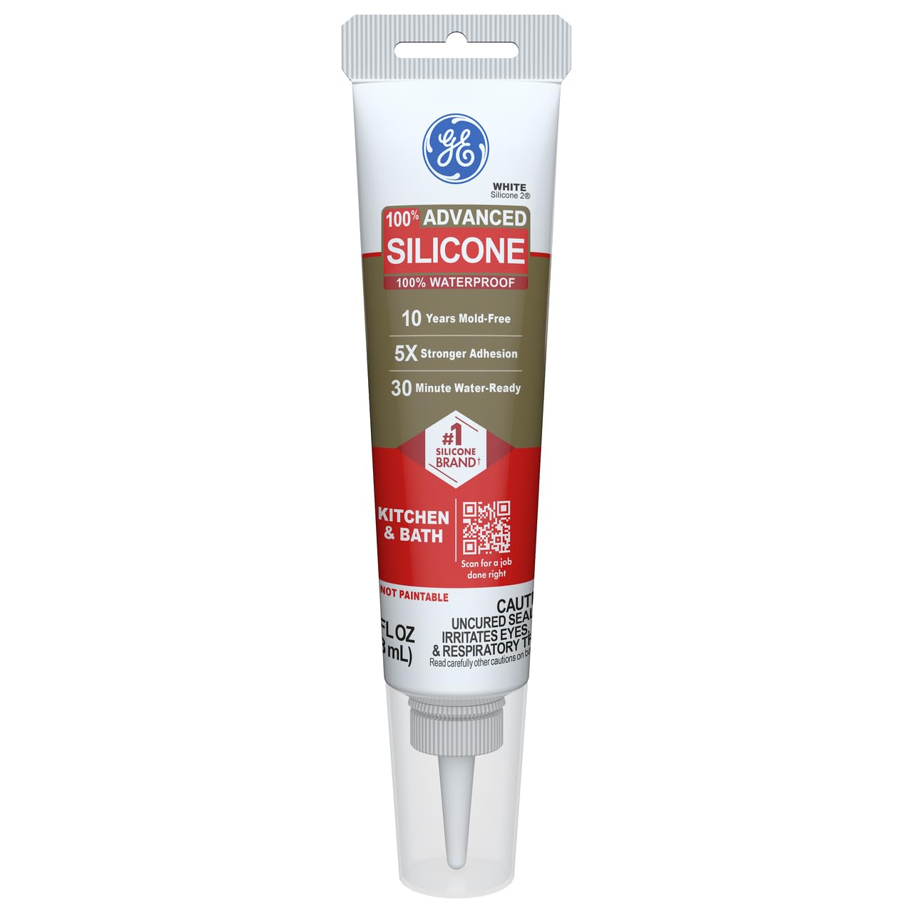 GE Advanced Silicone Caulk for Kitchen & Bathroom, White, 2.8 fl oz Tube, 1 Pack - 100% Waterproof Silicone Sealant, 5X Stronger Adhesion, Shrink & Crack Proof 1 Pack White