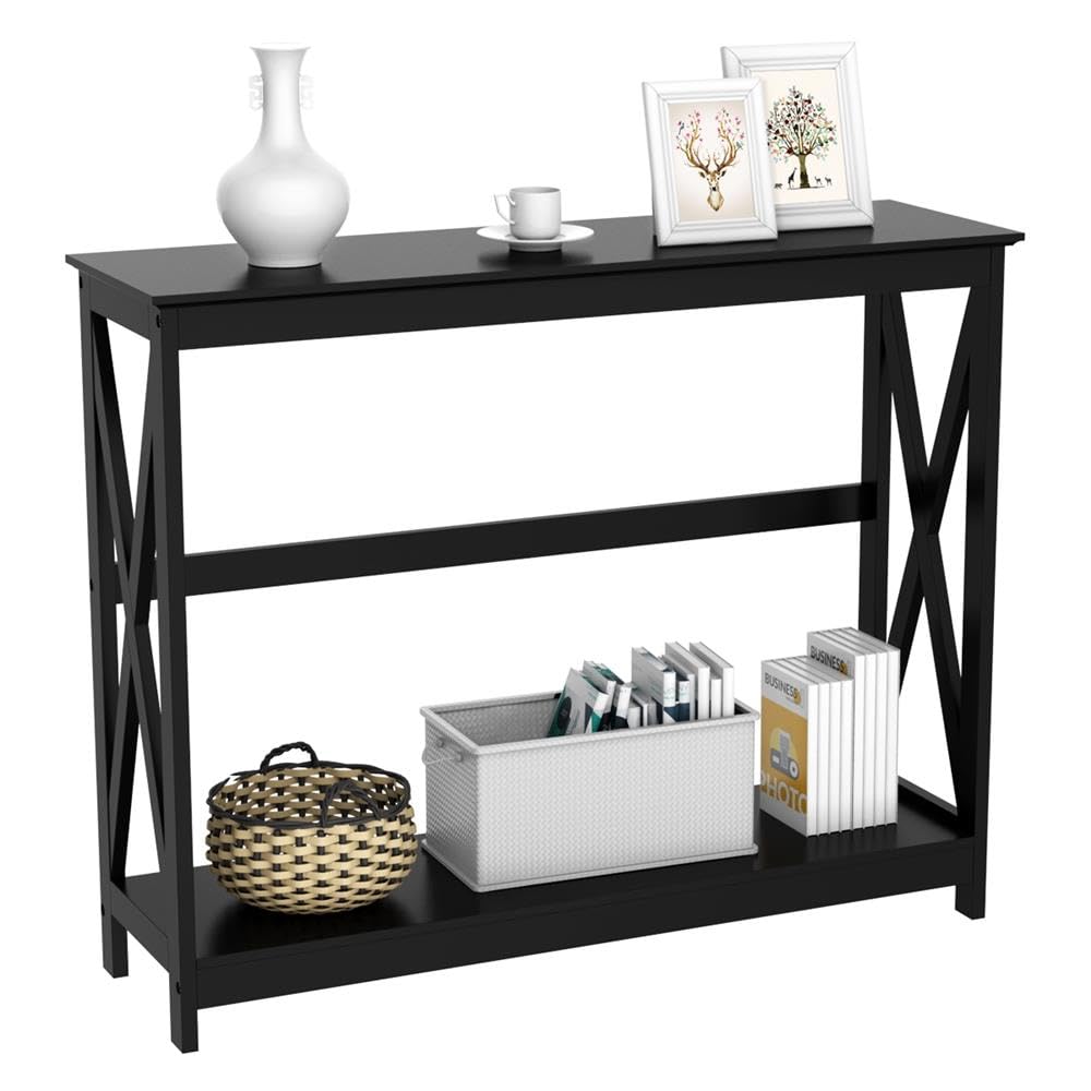 Yaheetech Console Table for Entryway, 2 Tier, Black X-Design