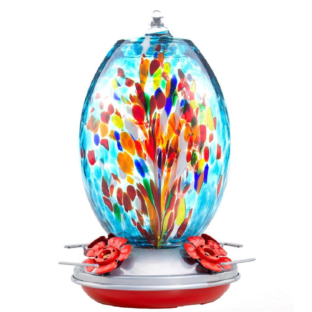Muse Garden Glass Humming Bird Feeder — 27oz Blown Glass, Ant Moat, Blue Fireworks