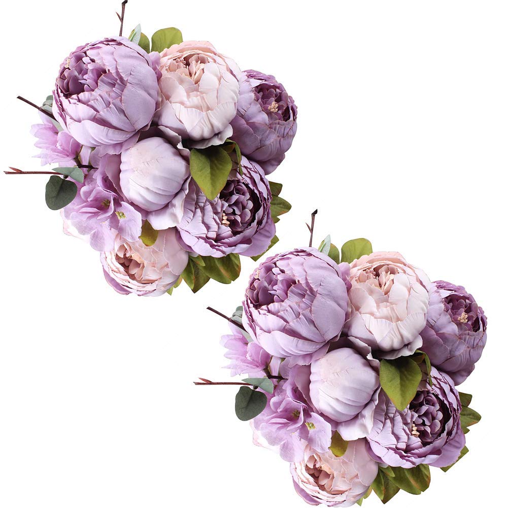 Fule 2 Pack Large Artificial Peony Silk Flower Bouquets (New Purple)