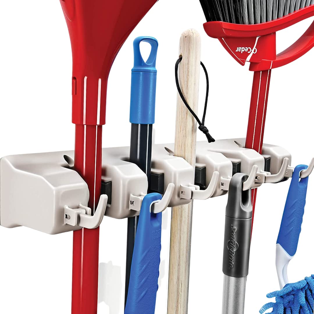 HOME IT Mop And Broom Holder Wall Mount - 5 Slots, 6 Hooks