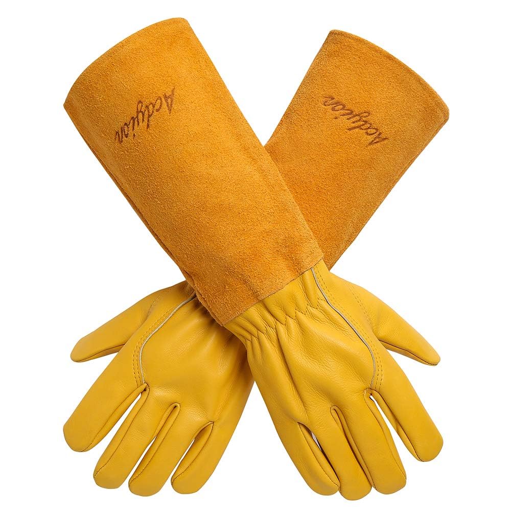 Acdyion Thorn Proof Gardening Gloves, Long Cowhide Leather Gauntlets, Yellow Large