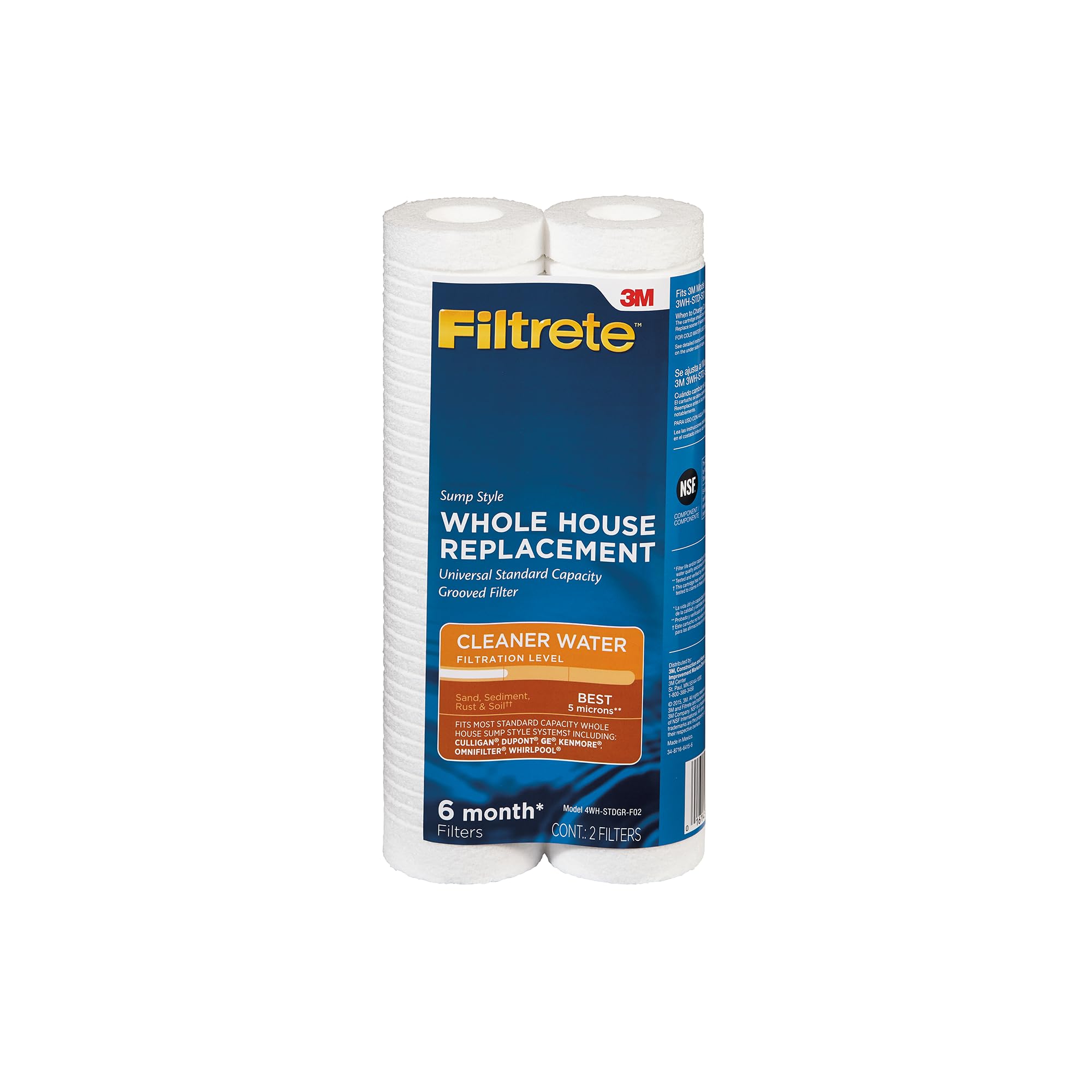 Filtrete Standard Capacity Whole House Grooved Water Filter, 5 Microns, Universal Filter, Sump Style Drop-In Filter, 2-Filters (4WH-STDGR-F02) 2 Count (Pack of 1) 4WH-STDGR-F02