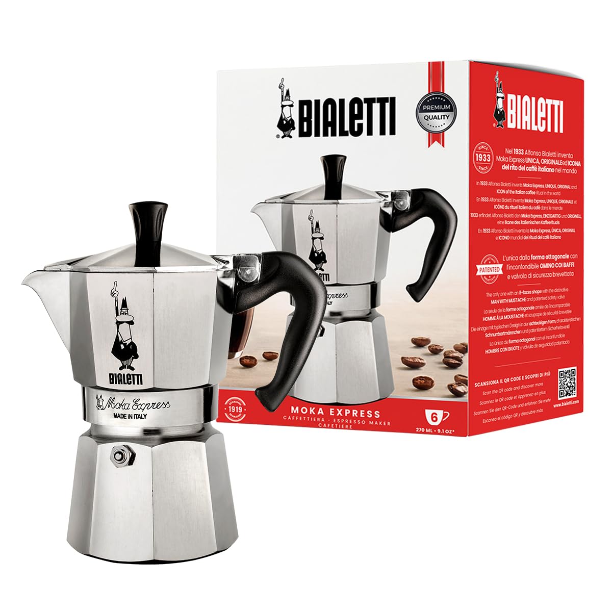 Bialetti Moka Express Iconic Italian Stovetop Espresso Maker (6 Cups)