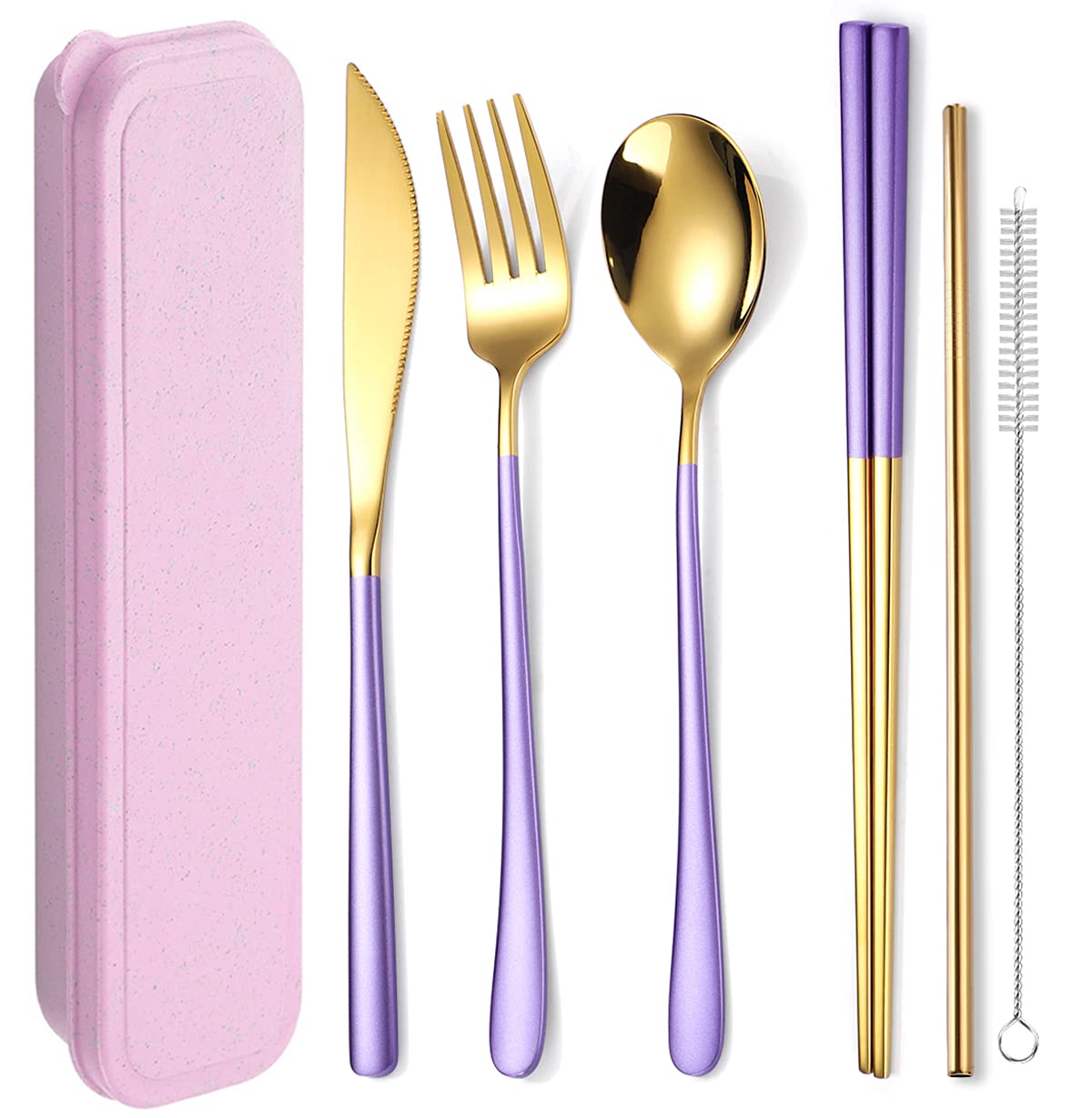 AARAINBOW 6-Piece 18/8 Stainless Steel Portable Cutlery Set (Purple Golden)