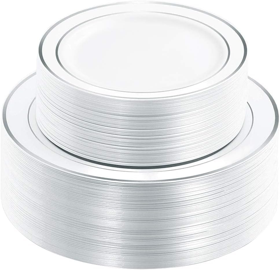 White Disposable Plates with Silver Rim (Combo Pack)
