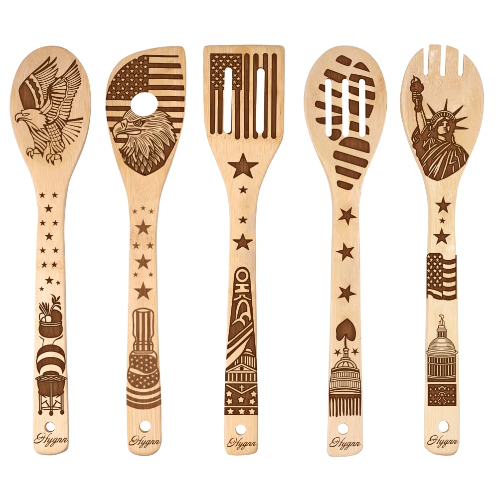 American Flag Bamboo Cooking Utensils - Set of 5