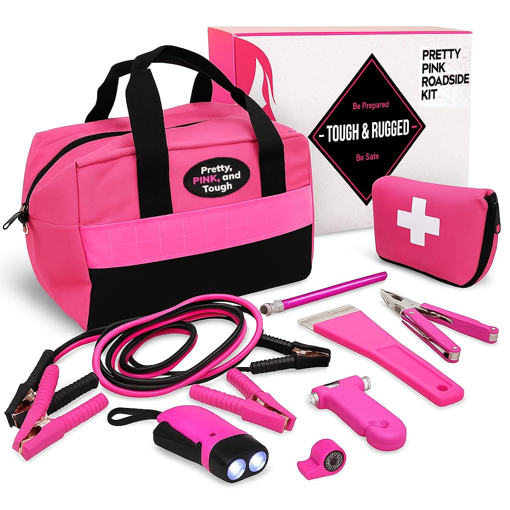 Pretty Pink Roadside Kit — 12 ft Jumper Cables plus First Aid and Emergency Tools