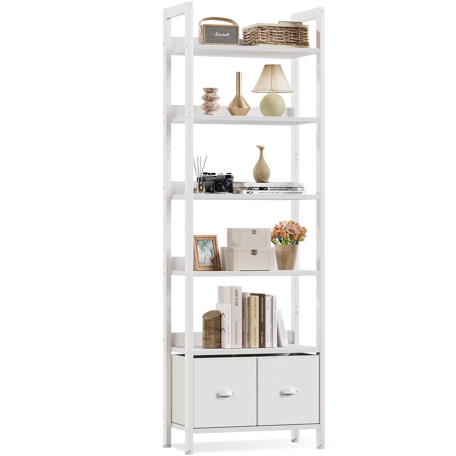 Furologee 6-Tier White Bookshelf with Drawers