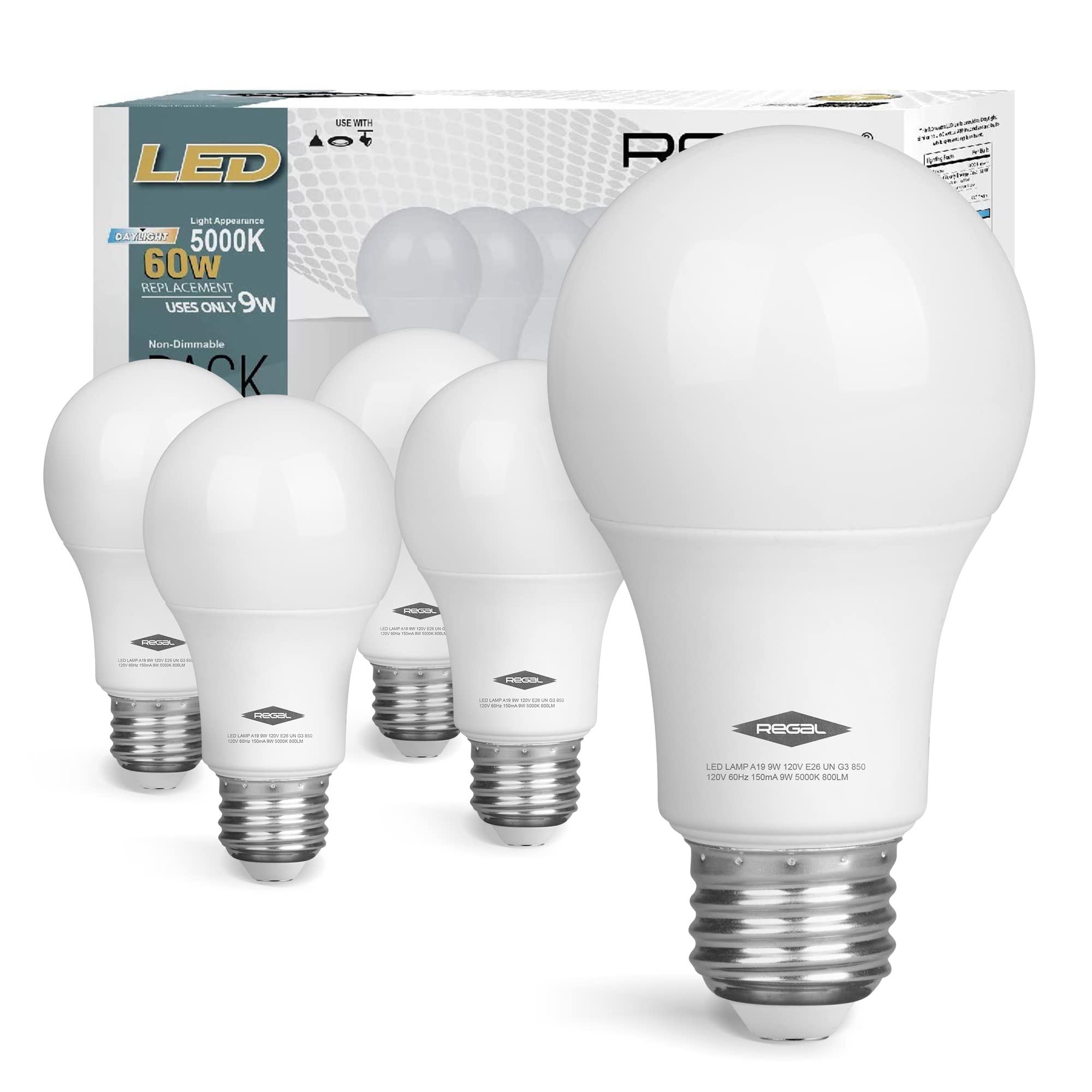 Regal LED A19 — 5000K Daylight, 9W, 800 Lumens (5-Pack)