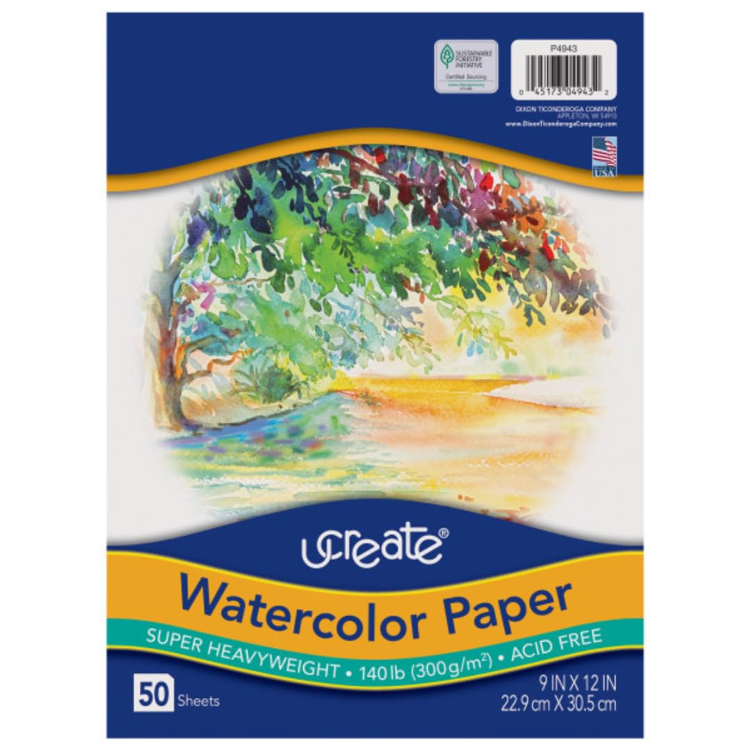 UCreate Watercolor Paper, White, Package, 140 lb., 9" x 12", 50 Sheets 9-x-12-Inch