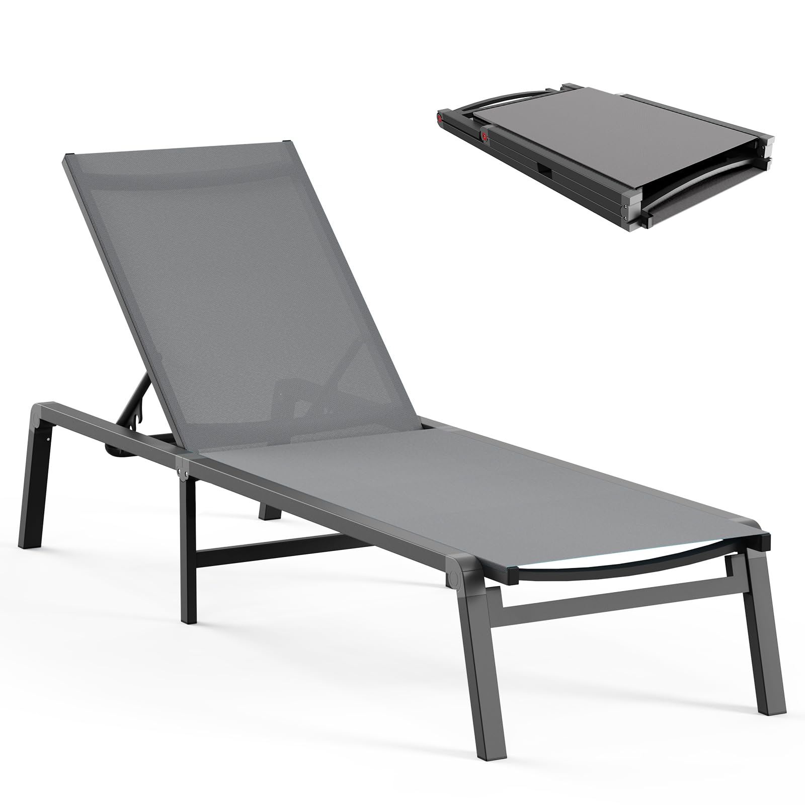 Aluminum Chaise Lounge Outdoor — Foldable, Assembly-Free Lounger (Grey)