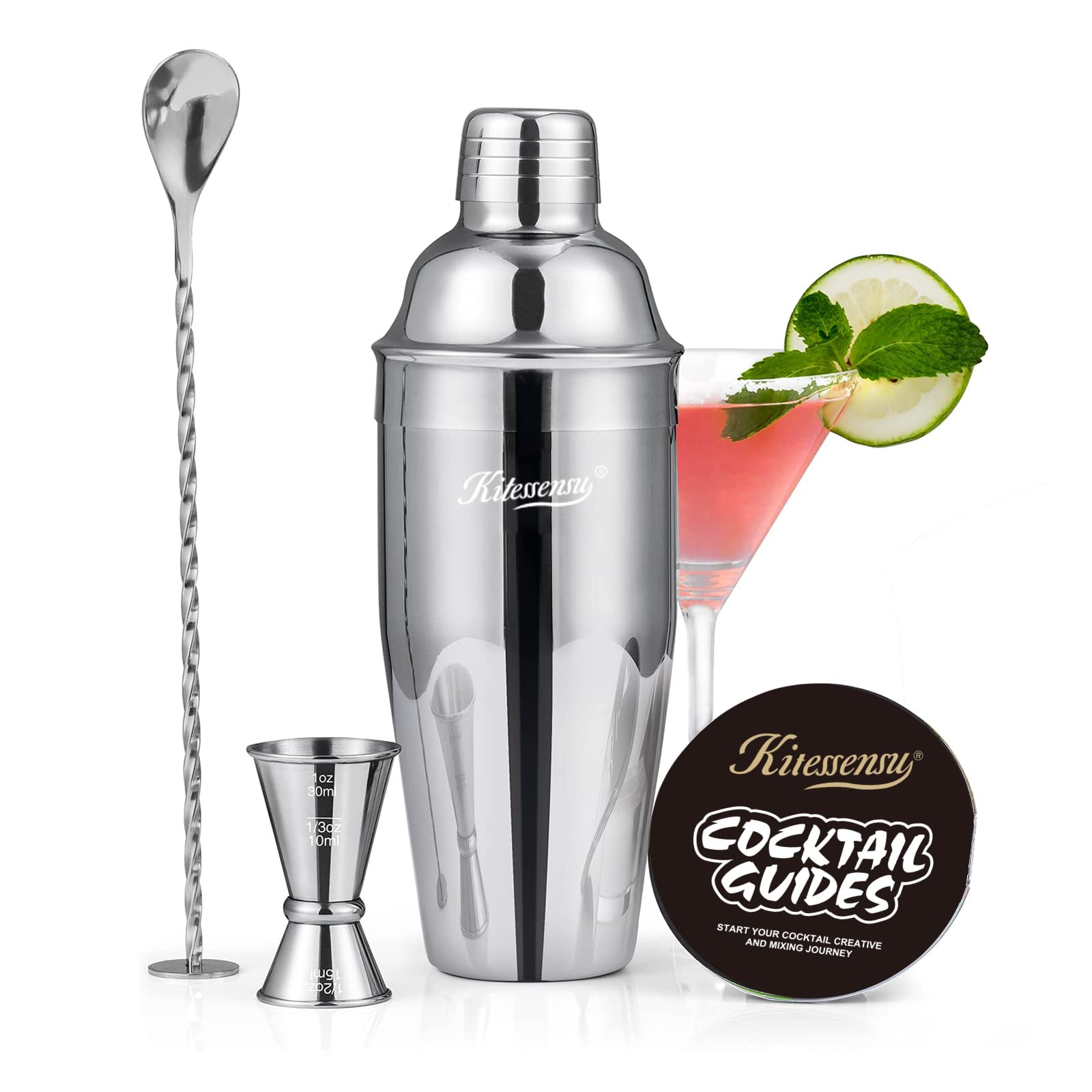 KITESSENSU 24oz Drink Shaker with Strainer — 3-piece Cobbler Set (Silver)