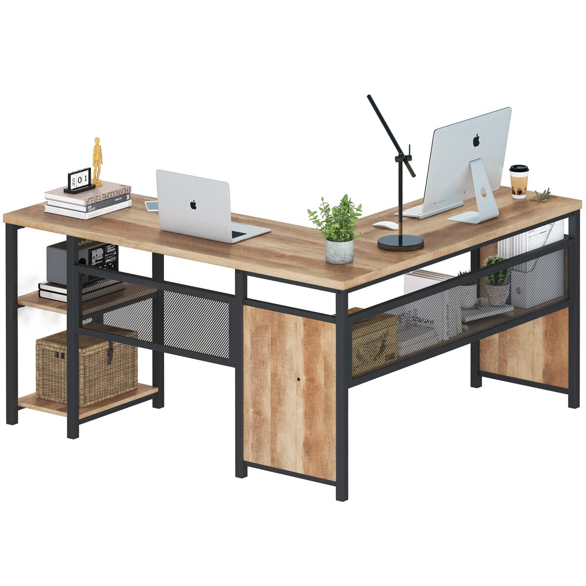 FATORRI L Shaped Computer Desk — Rustic Oak with Metal Frame