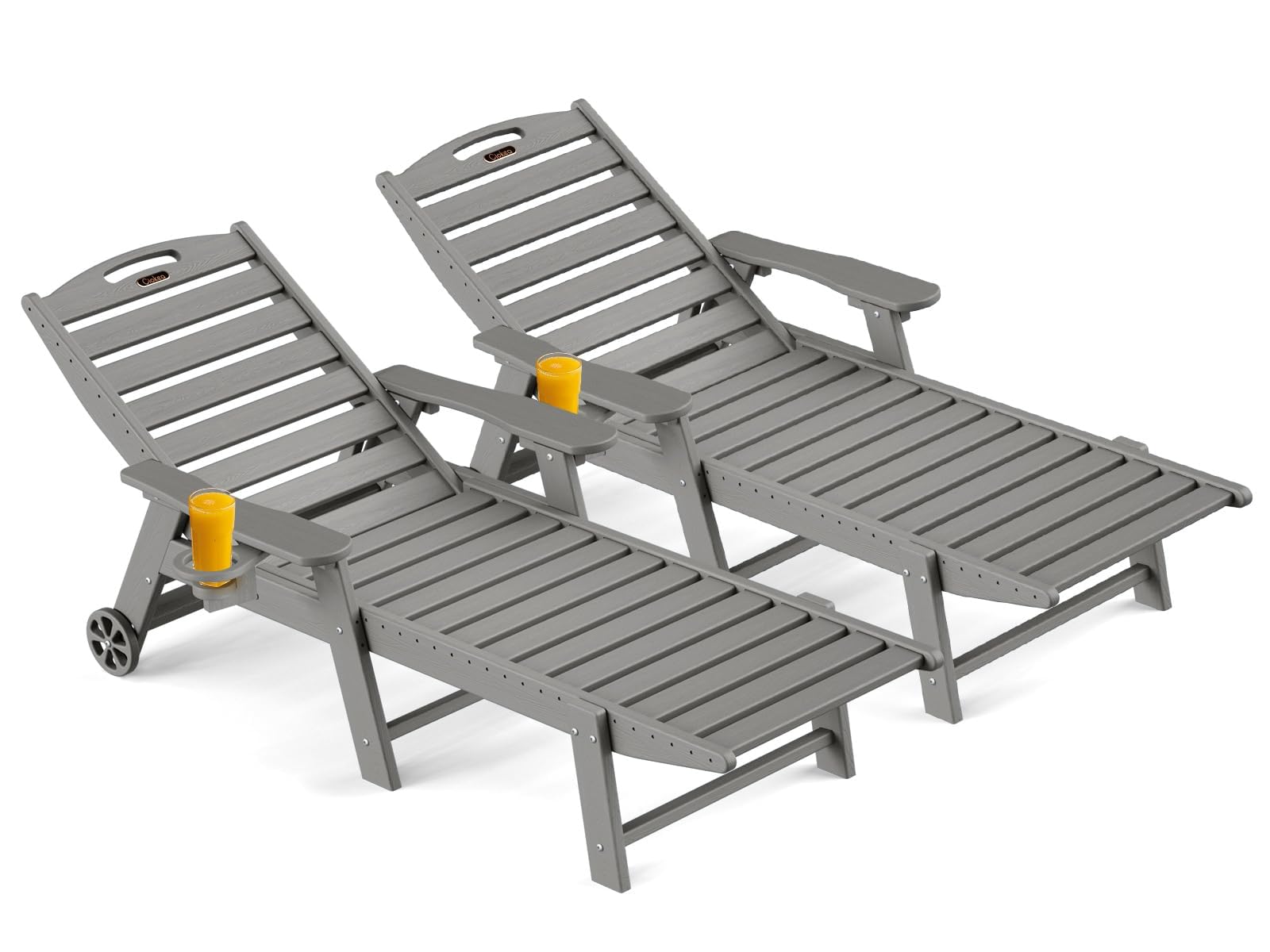 Outdoor Chaise Lounge Chair Set of 2 — HDPE with Wheels & Cup Holder (Grey)