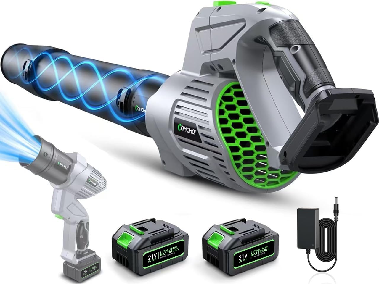 Comchoi Cordless Blower — 5-Speed, 2 Batteries & Charger, Up to 680 CFM