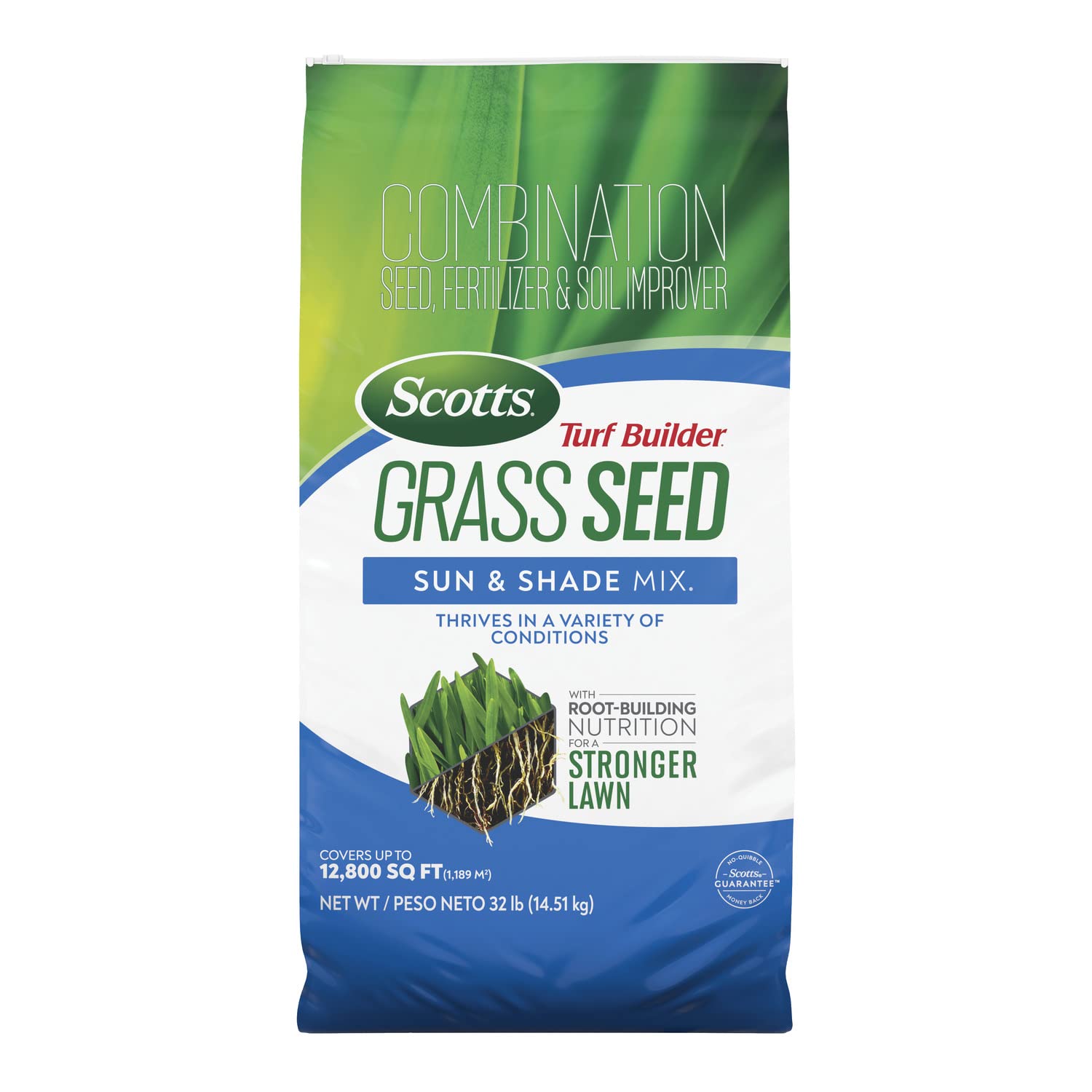 Scotts Turf Builder Grass Seed Sun and Shade Mix with Fertilizer and Soil Improver, Thrives in Many Conditions, 32 lbs. 32 lb.