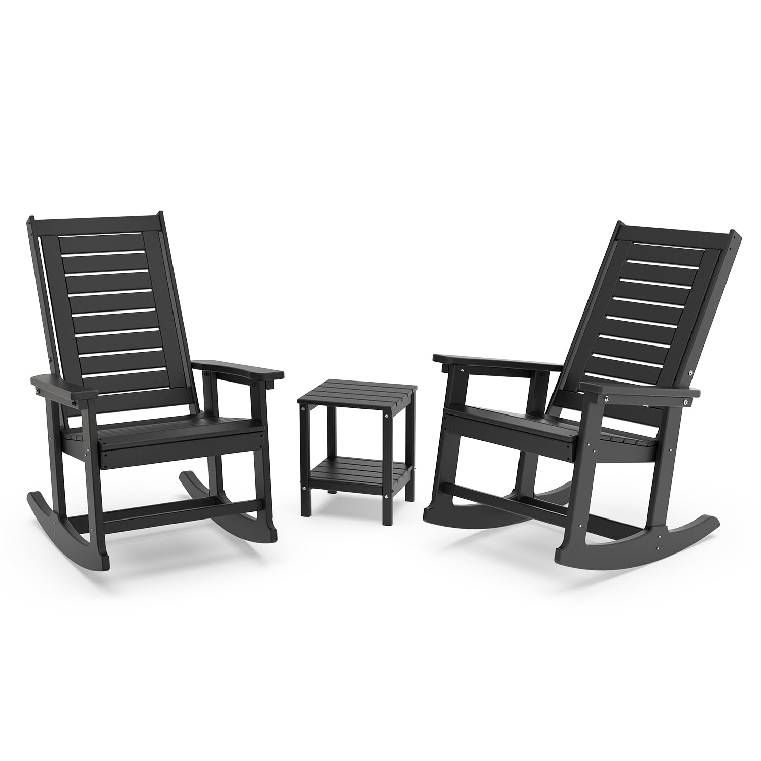 GREENVINES Outdoor Rocking Chair Set — 2 Rockers + Side Table, HDPE (Black)