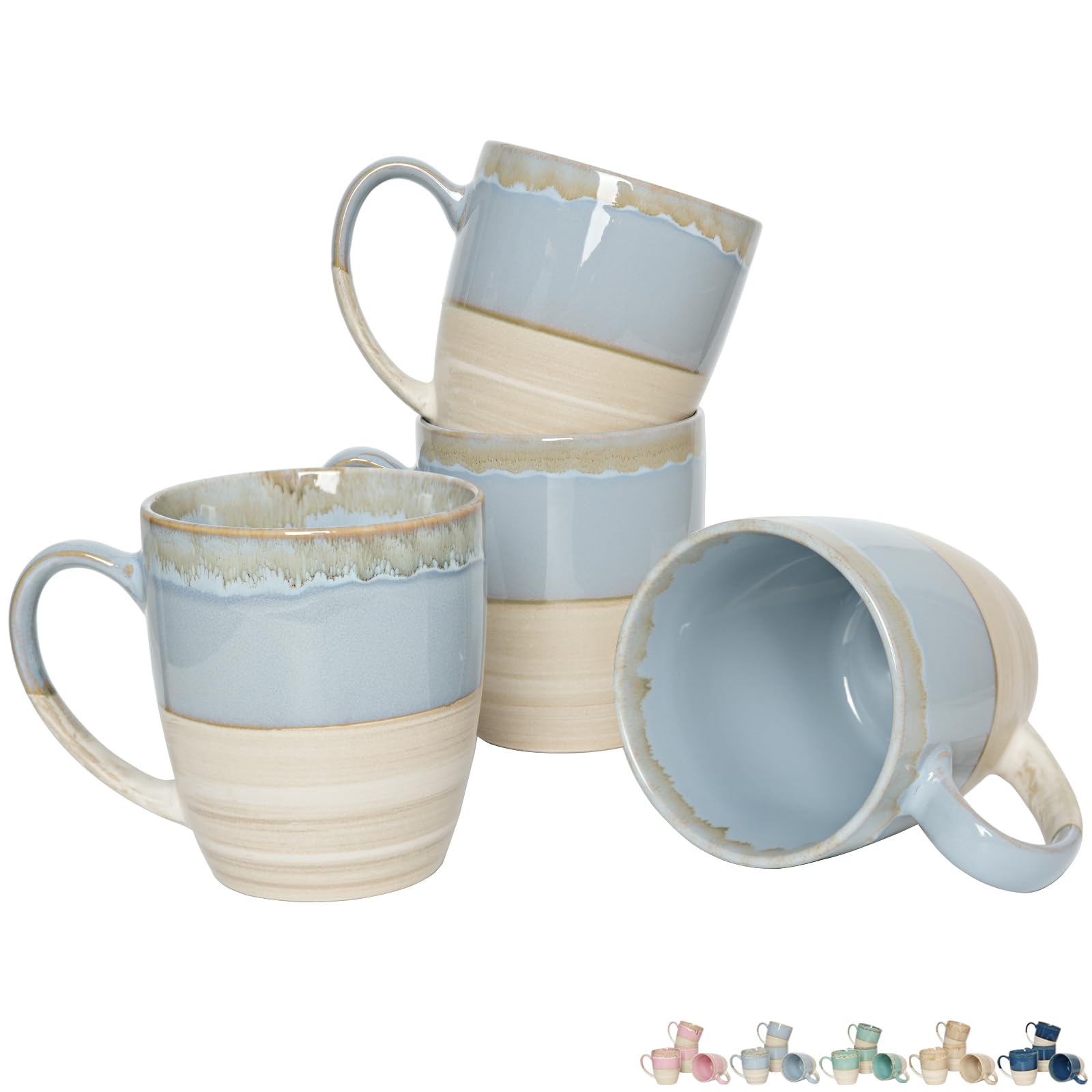 Bosmarlin Ceramic Coffee Mug Set of 4, 16 Oz, Reactive Glaze (Light Blue)