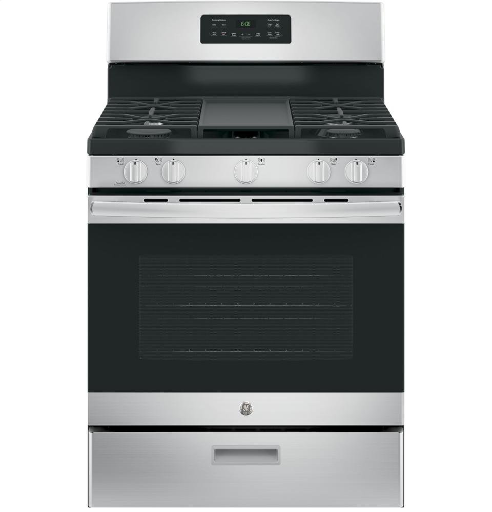 GE 30" Free-Standing Gas Range — 5.0 cu ft Oven, 5 Sealed Burners, Non-Stick Griddle