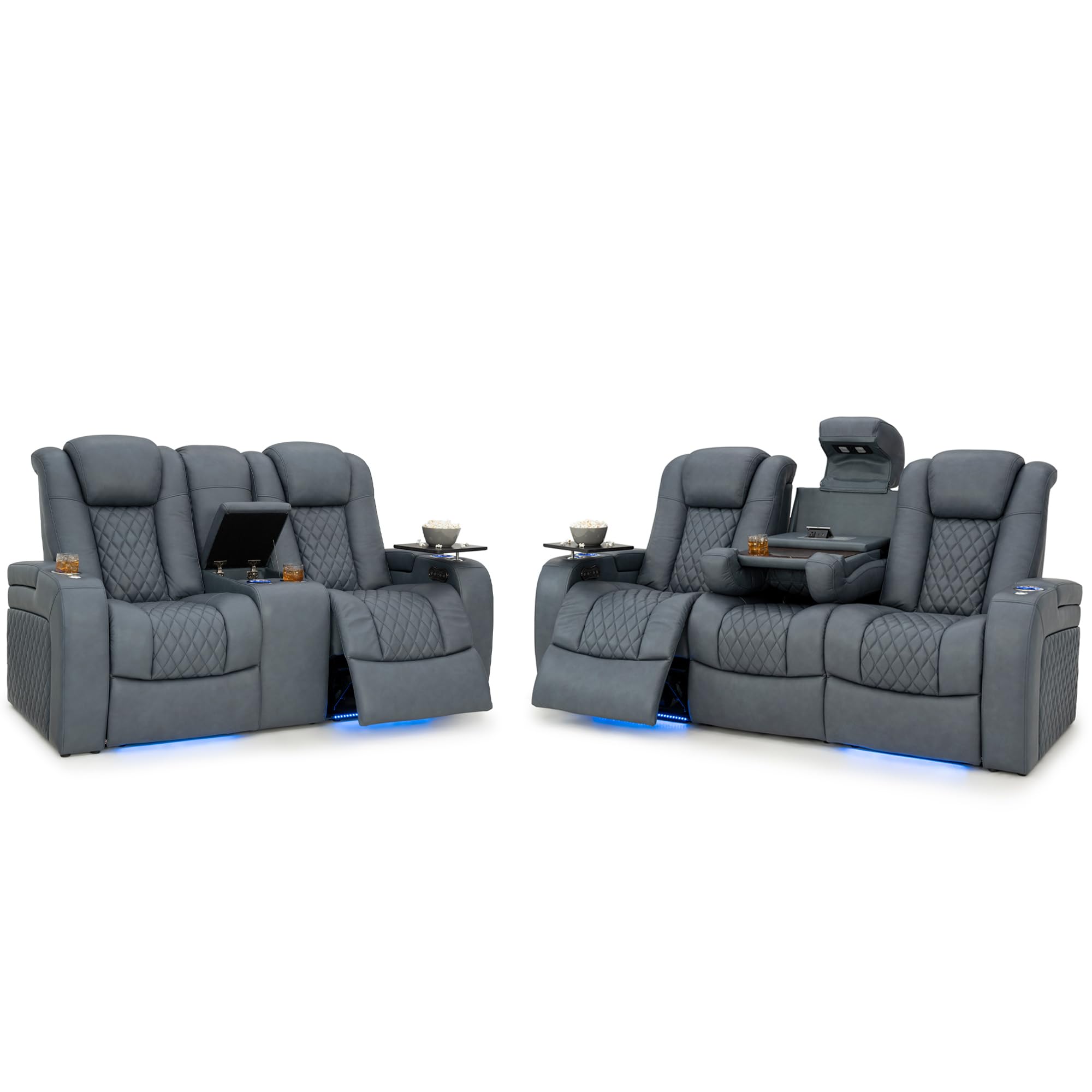 Seatcraft Anthem Italian Leather Sofa w/Fold-Down Table & Loveseat w/Storage Console, Living Room, Power Headrest, Power Recline, Smokey Blue Sofa and Loveseat Smokey Blue