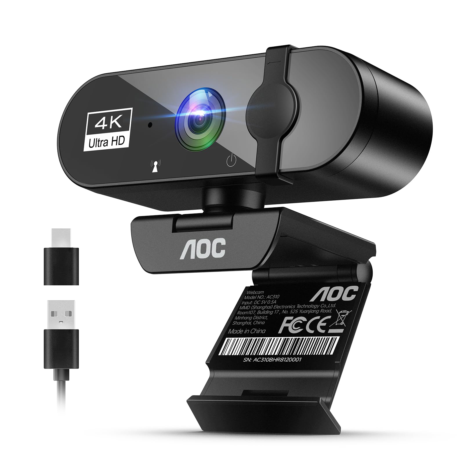 AOC 4K Webcam — 4K Ultra HD, 90° FOV, Privacy Cover, USB-C & USB-A Adapter