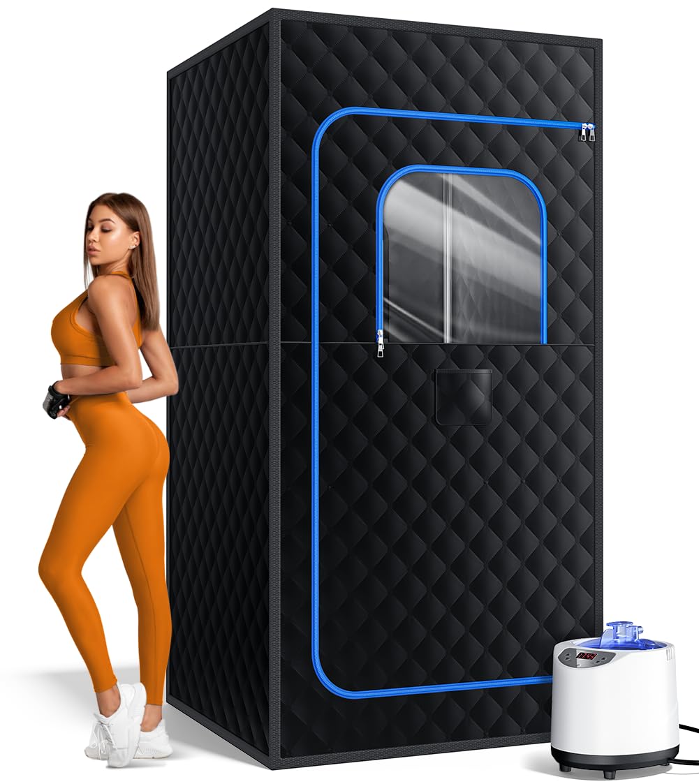 Portable Sauna for Home, Personal Portable Steam Sauna Tent with 1200W 3L Steamer Heater, 15 Levels, Remote Control, Foldable Chair, Cozy Big Size 36 * 36 * 71 inches Sky blue-black