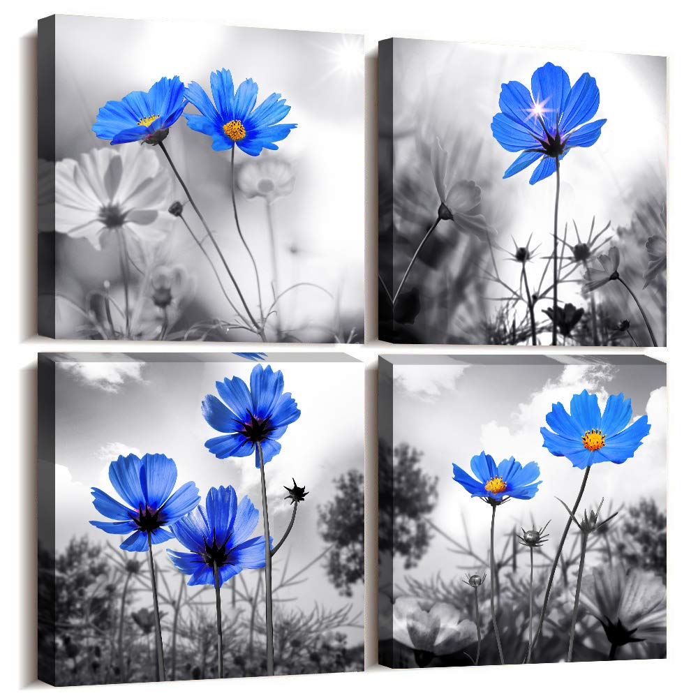 Wall Art For bedroom Black and White cyan blue flower Canvas Wall Decor for Home Decor artwork painting 12" x 12" 4 Pieces Canvas Print For Living Room Decor Modern Salon kitchen Still Life Painting 12x12inches*4pcs Cyan Blue Flower