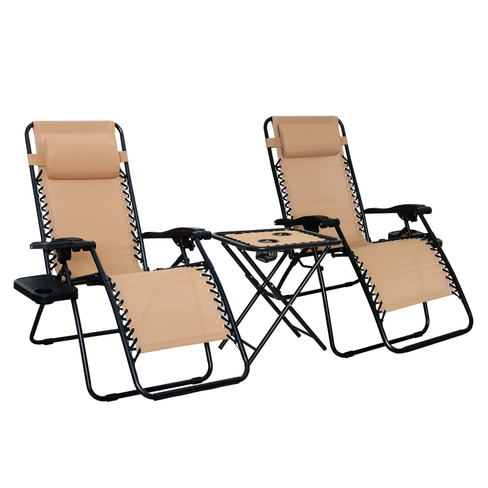 Amazon Basics Outdoor Textilene Adjustable Zero Gravity Folding Reclining Lounge Chair Set with Cup Holder, Side Table, Headrest, Weather-Resistant, 35 x 26 x 43 inches, Beige, 2-Pack