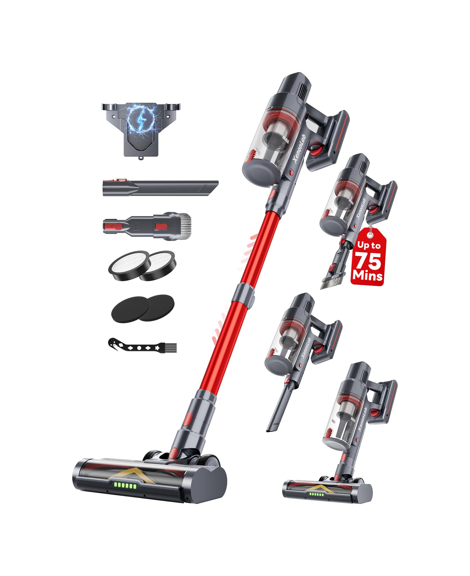 Cordless Vacuum Cleaner, 75Mins/55KPa/650W Self-Standing Stick Vacuum Cleaners for Home, Rechargeable, Lightweight, Anti-Static&Anti-Tangle Brush, for Hard Floor, Carpet, Hardwoods, Pet Hair Tomato-red