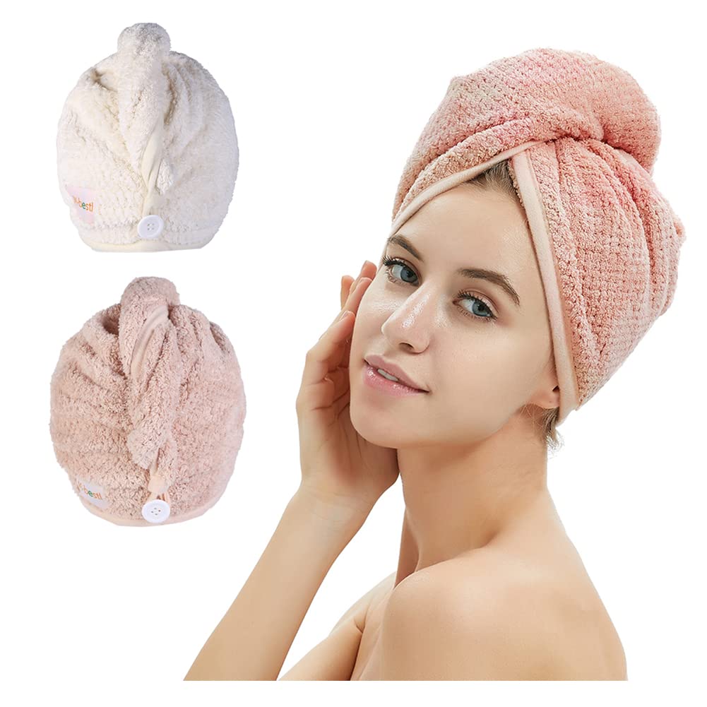 Microfiber Hair Towel Wrap with Button (2-Pack)