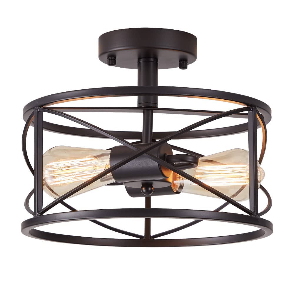 WELTRANS Black Semi‑Flush, 2‑Light Farmhouse Industrial Cage