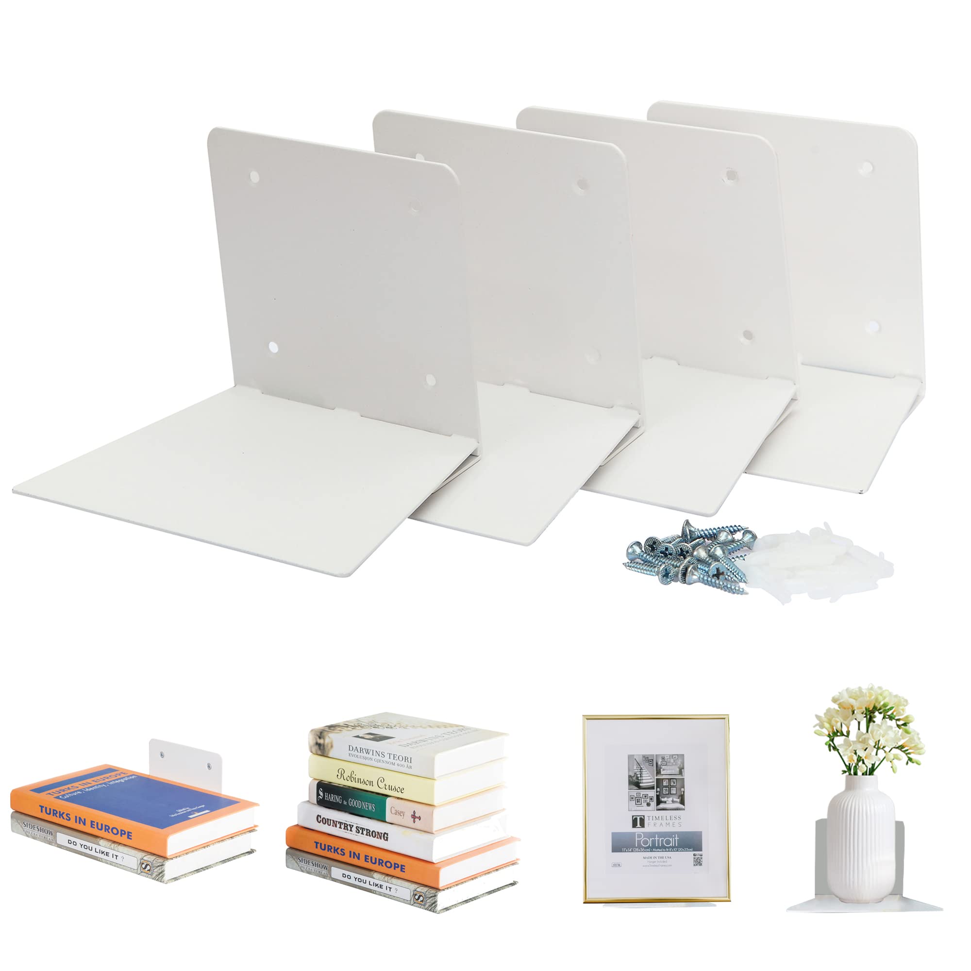 STORAGE MANIAC Floating Book Shelves for Wall Mounted Invisible Floating Bookshelves Heavy-Duty Steel Hidden Bookshelf Hanging Bookshelves for Bedroom Living Room Office, White 4-Pack Large