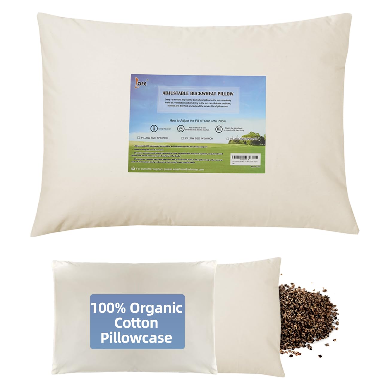 LOFE Organic Buckwheat Pillow for Sleeping with Organic Cotton Pillowcase - Adjustable 14x20 (Tartary Buckwheat Hulls)