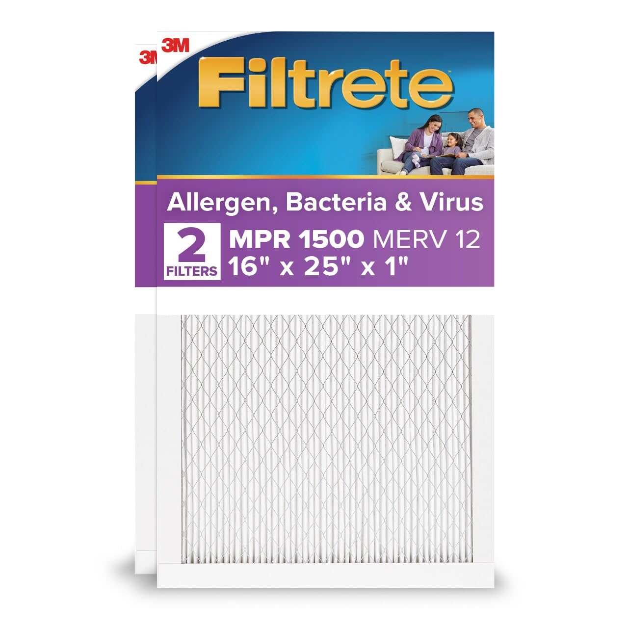 Filtrete 16x25x1 MERV 12 (MPR 1500) — 2 Pack, Certified Asthma & Allergy Friendly