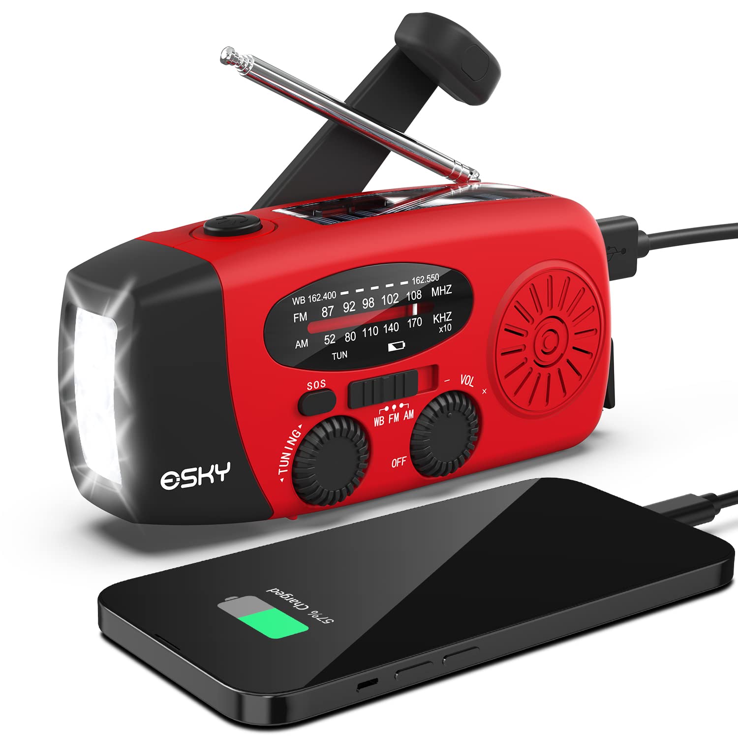 Esky Emergency Hand Crank Radio 7400mWh with 3 LED Flashlight, AM/FM/NOAA Portable Weather Radio with Rechargeable 2000mAh Battery, Solar Powered Radio for Indoor Outdoor Survival Camping, SOS Alarm