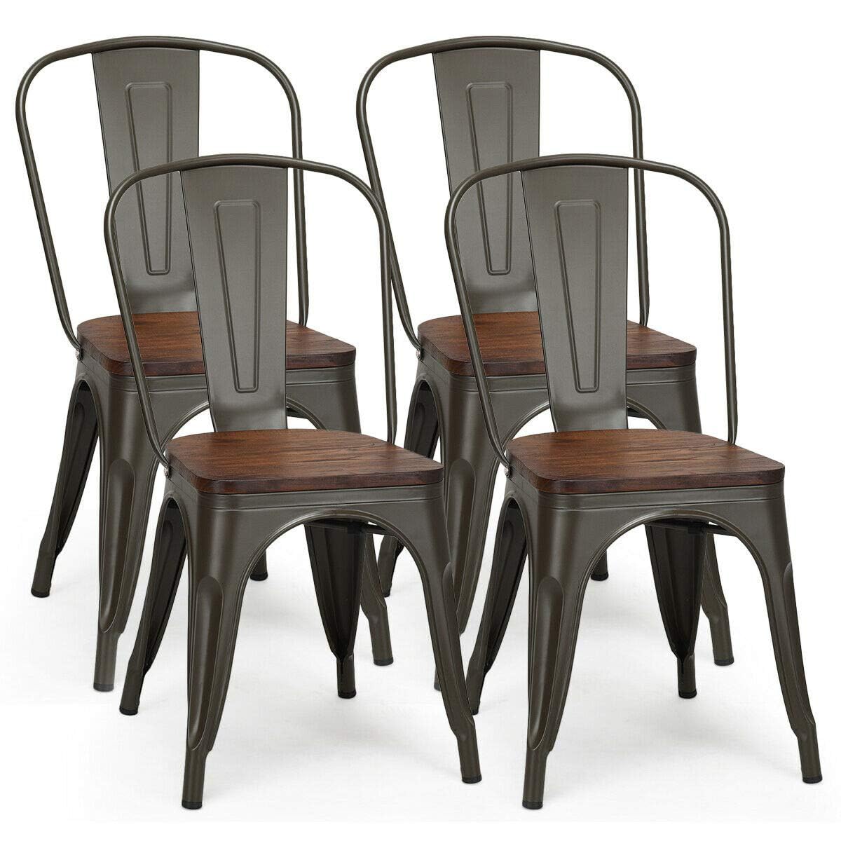 COSTWAY Industrial Metal Dining Chair (Elm Wood Seat)