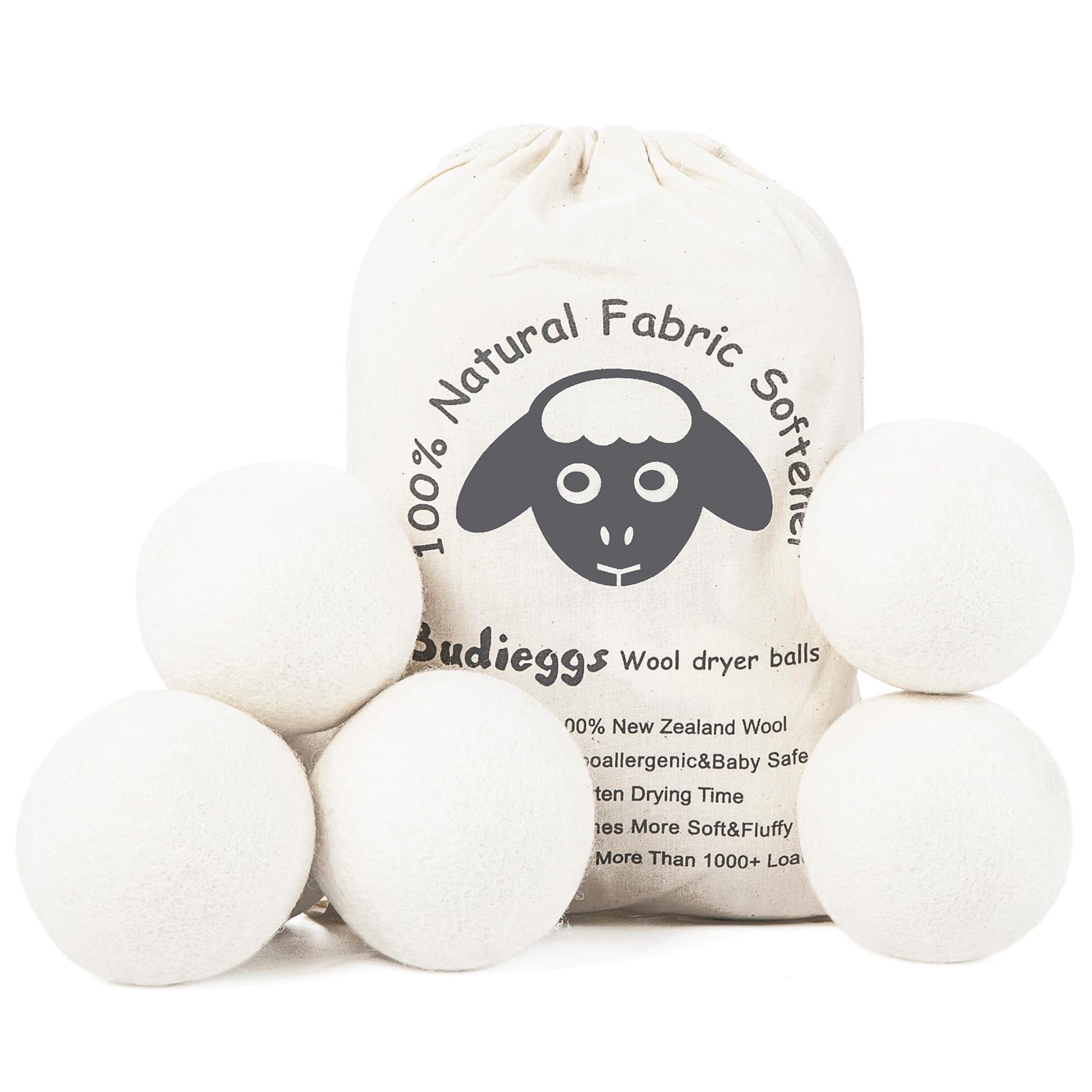 Wool Dryer Balls Organic XL 6-Pack, 100% New Zealand Wool Chemical Free Fabric Softener