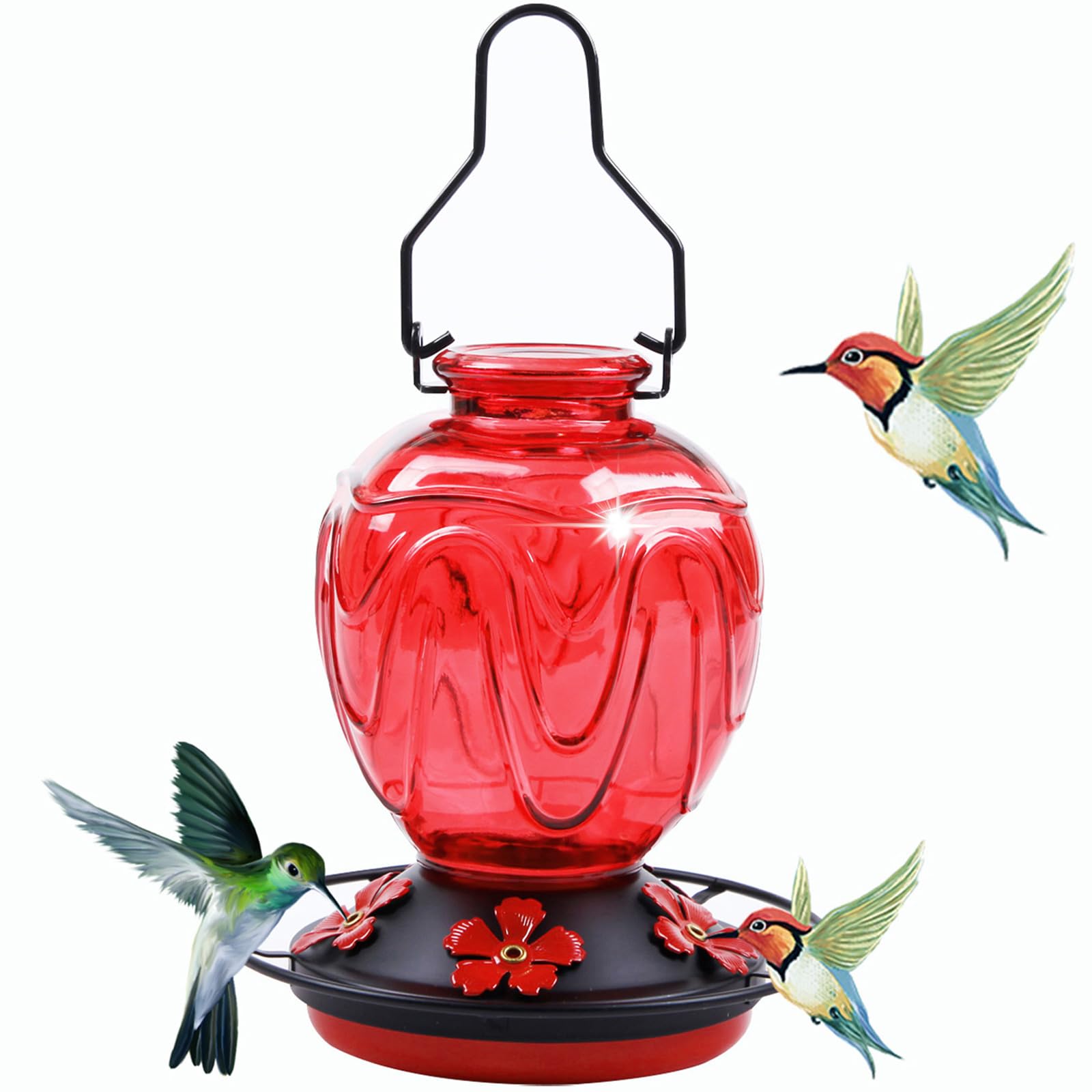 Glass Hummingbird Feeder for Outdoors — 24oz Red Glass, 5 Flower Ports, Leak-Proof Base