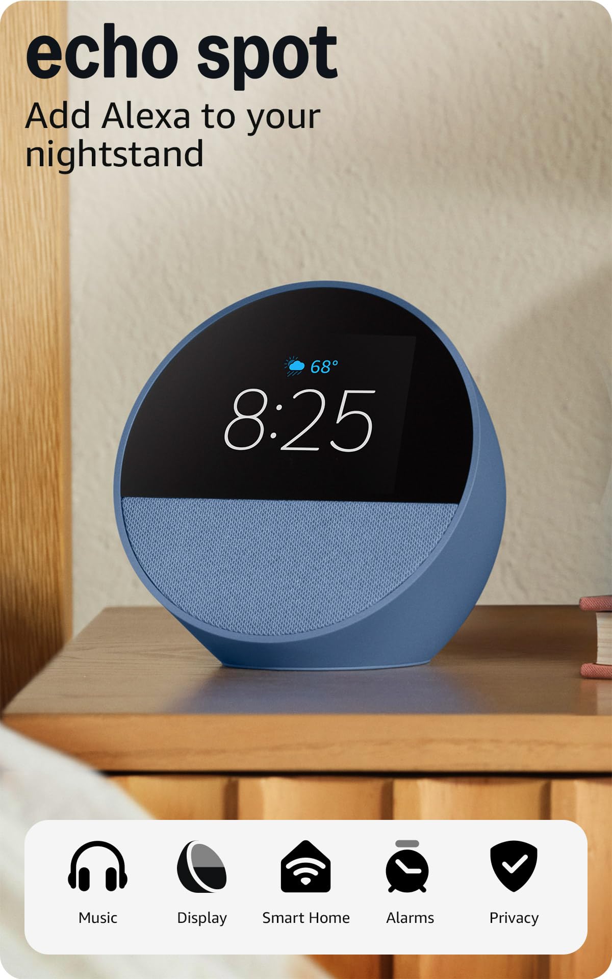 Amazon Echo Spot (newest model), Great for nightstands, offices and kitchens, Smart alarm clock, Designed for Alexa+, Ocean Blue Ocean Blue Device only