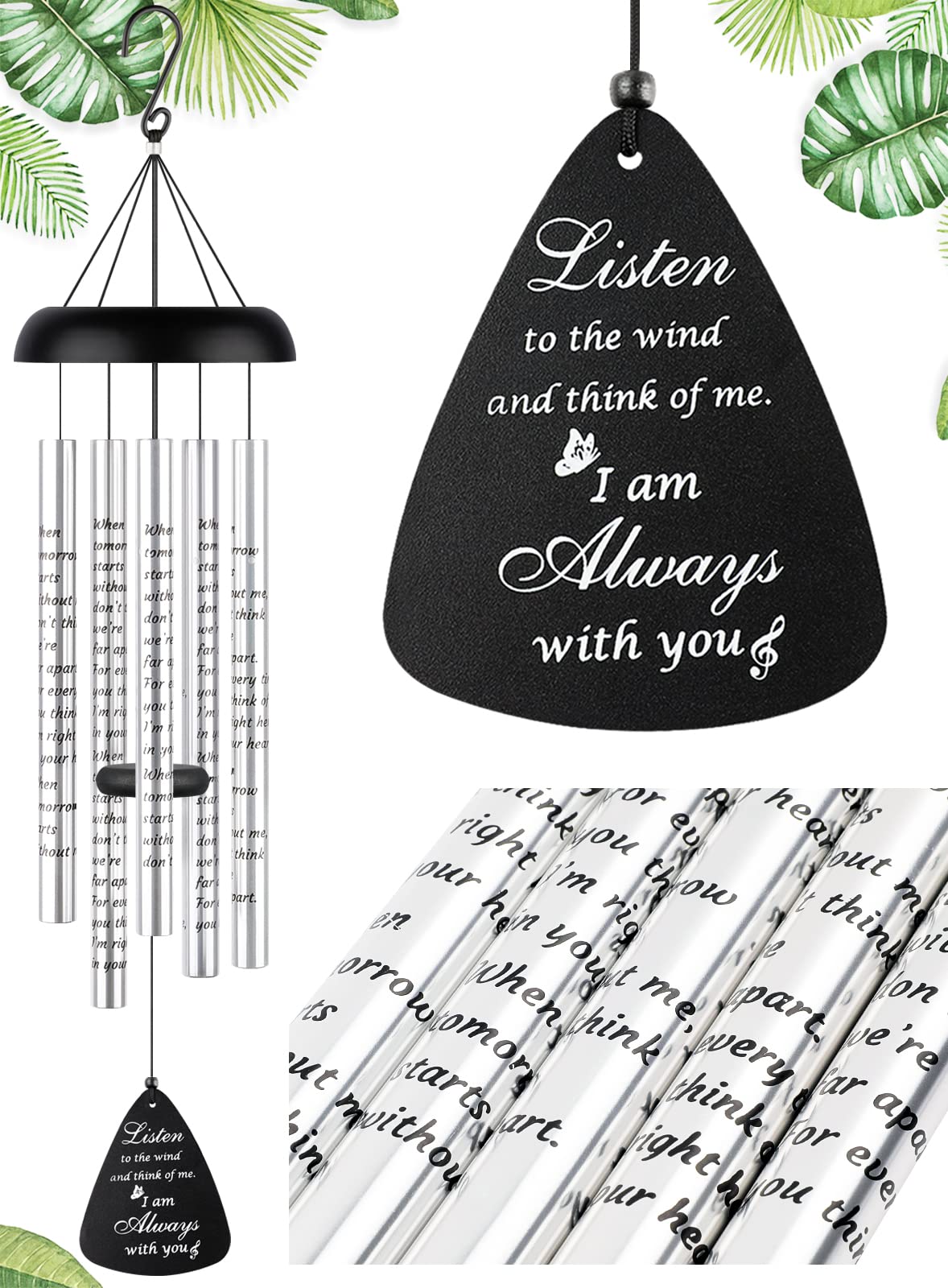 32" Memorial Wind Chimes — UV-Printed Healing Poem, Ready-to-Gift Black/Silver