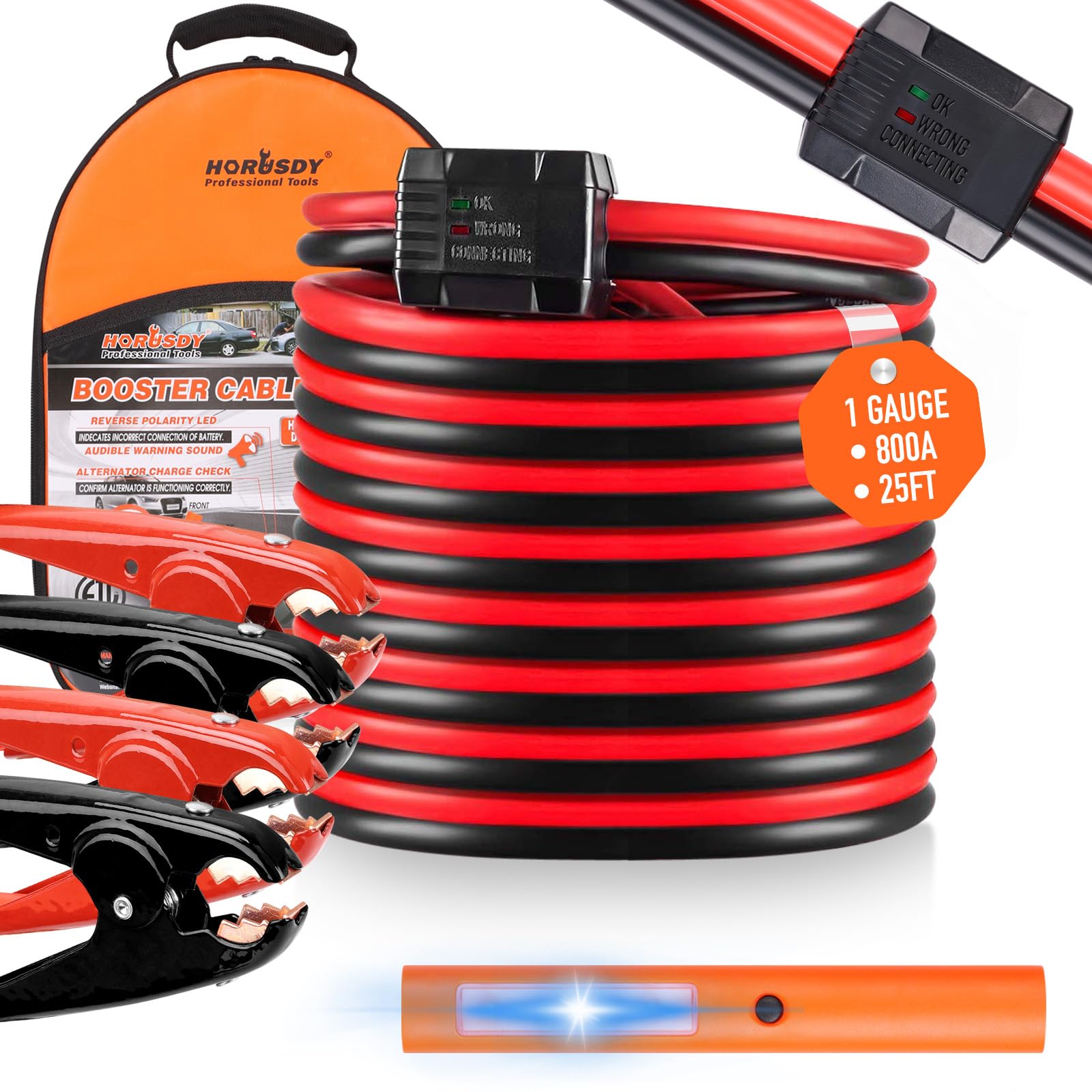 HORUSDY 25FT Jumper Cables — 1-Gauge, ETL Certified with Smart Protector