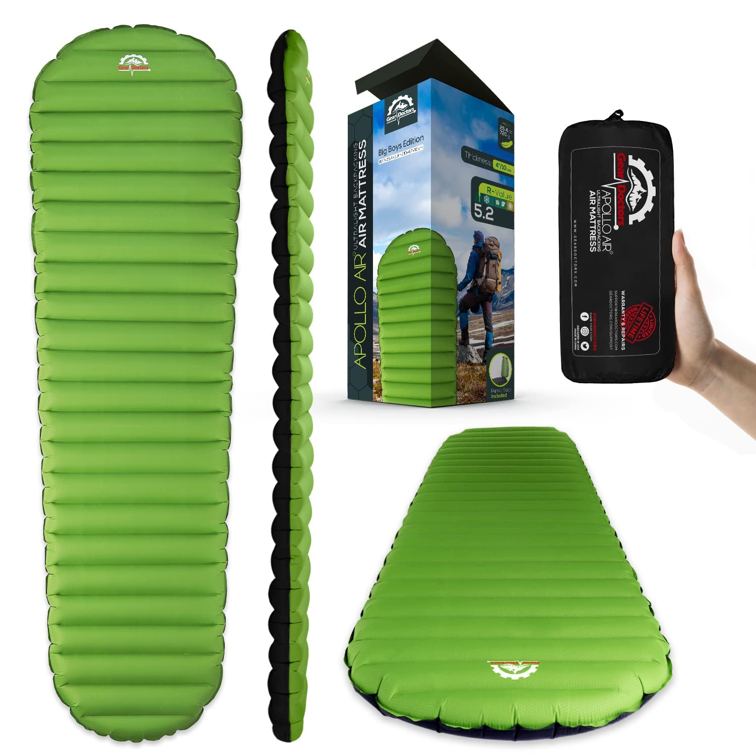 Gear Doctors ApolloAir — Ultralight Insulated Inflatable Pad, 5.2 R‑Value, Packs Small