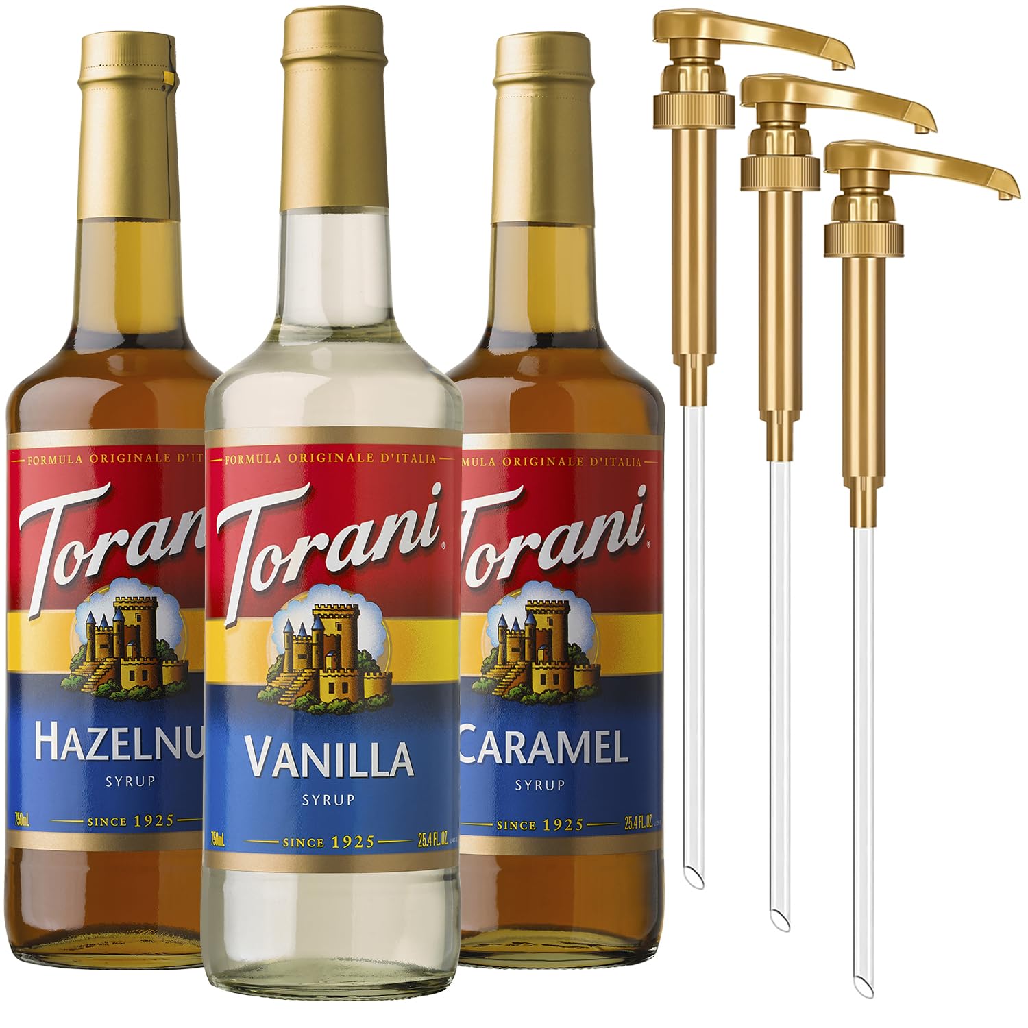 Torani Coffee Syrup, Vanilla, Caramel, and Hazelnut Variety 3-Pack, Flavoring for Drinks, Pumps Included, 25.4 Fl Oz Ea