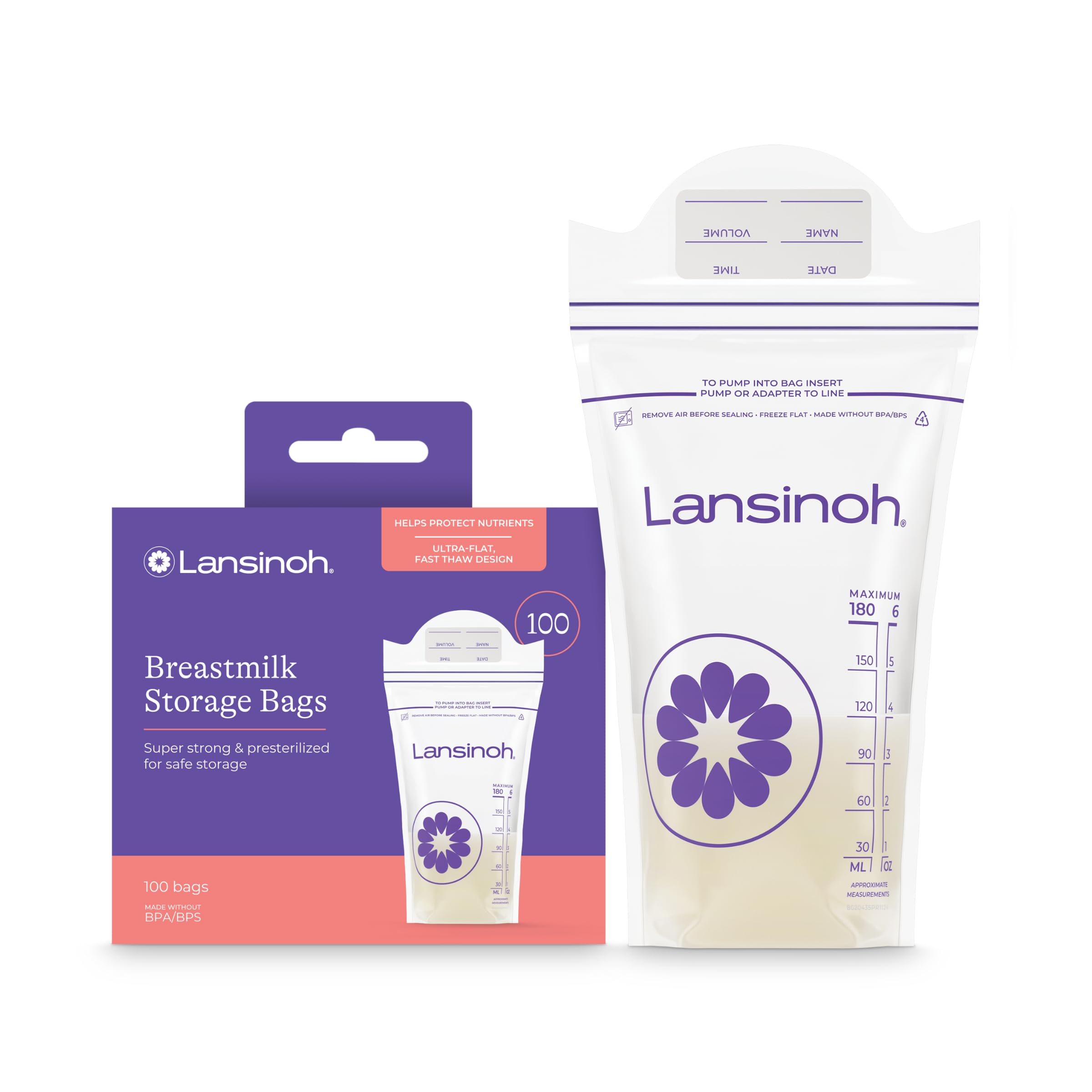 Lansinoh Breastmilk Storage Bags, 100 Count, Baby Essentials, Fast Freeze & Thaw Breast Milk Bags for Baby Bottle Feeding, Strength & Stretch, 6 Ounce 100 Count 6oz