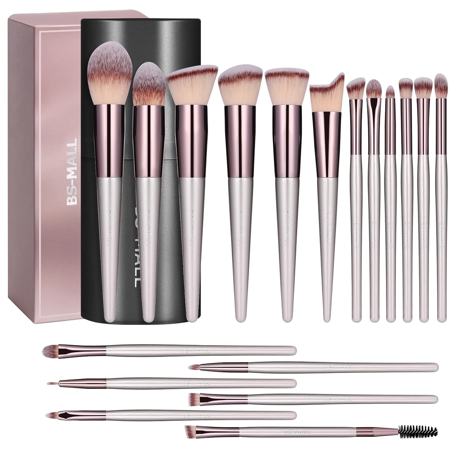 BS-MALL Makeup Brush Set 18 Pcs Premium Synthetic Foundation Powder Concealers Eye shadows Blush Makeup Brushes with black case A-Champagne