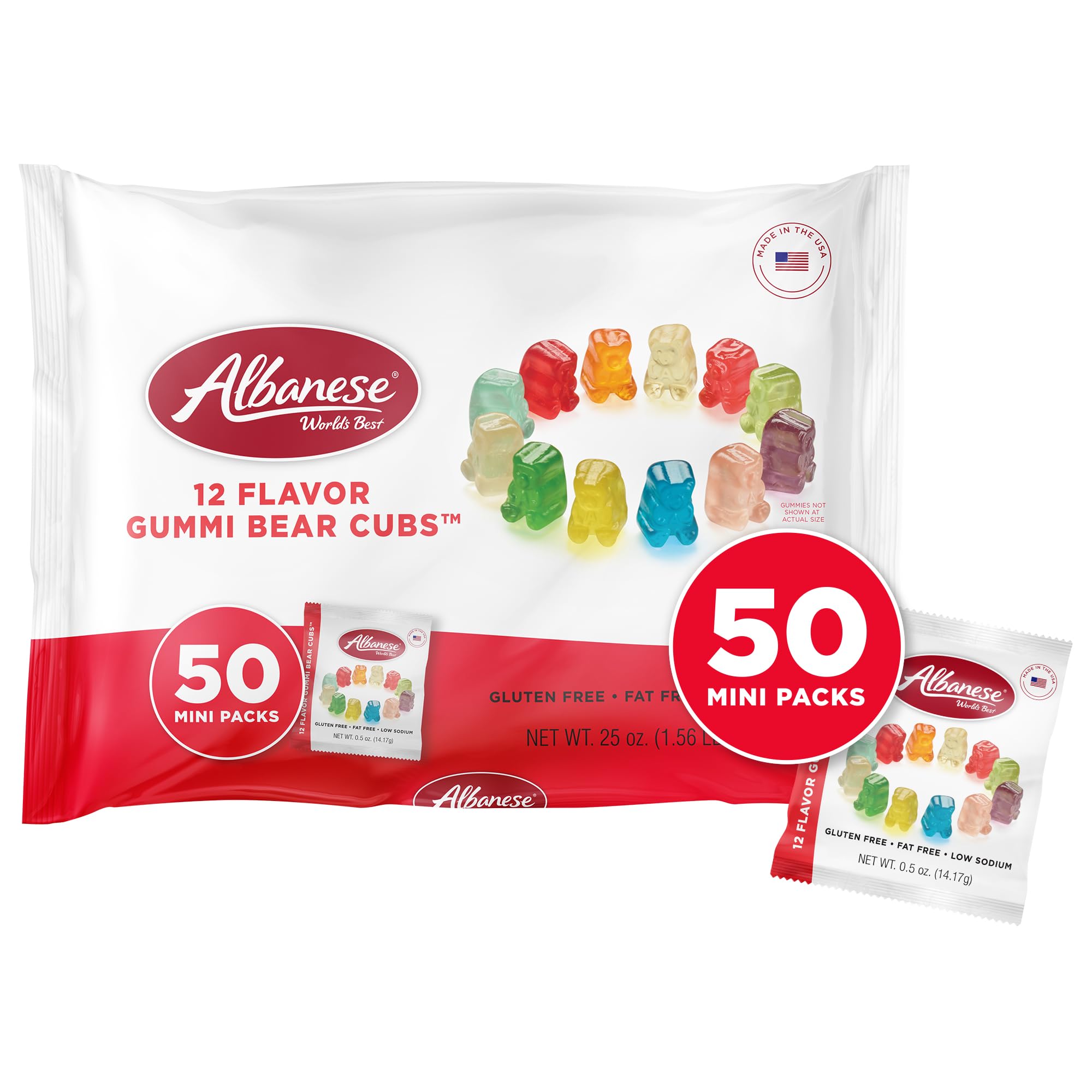 Albanese World's Best 12 Flavor Gummi Bear Cubs | 50-0.5oz Snack Packs of Candy